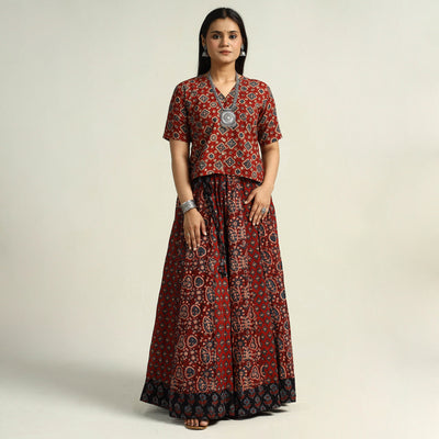 Red - Kutch Block Printed 24 Kali Cotton Long Skirt 20