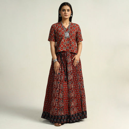 Red - Kutch Block Printed 24 Kali Cotton Long Skirt 20