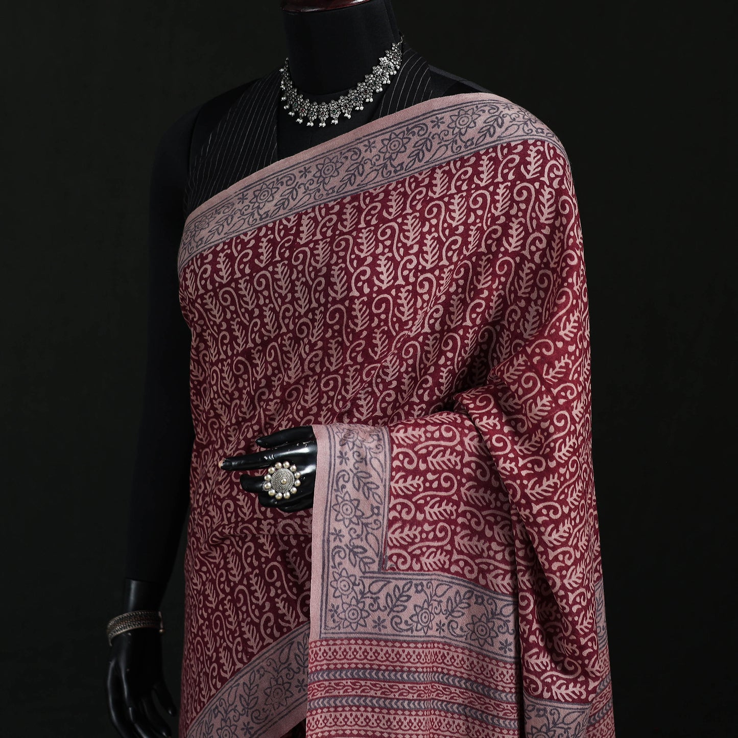 Handwoven Merino Wool Natural Dyed Hand Block Bagh Print Saree 10
