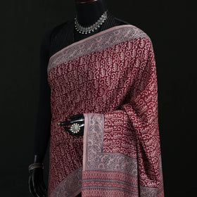 Handwoven Merino Wool Natural Dyed Hand Block Bagh Print Saree 10