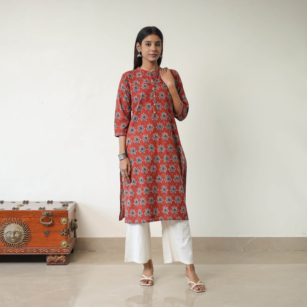 Red - Block Printed Cotton Straight Ajrakh Kurta 02