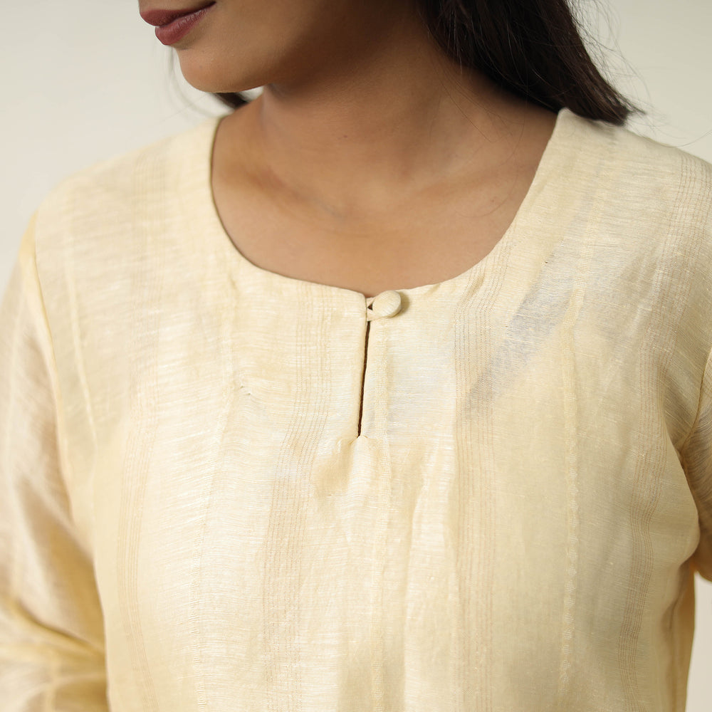 Yellow - Elegant Linen Silk Handloom Plain Kurta Set 09