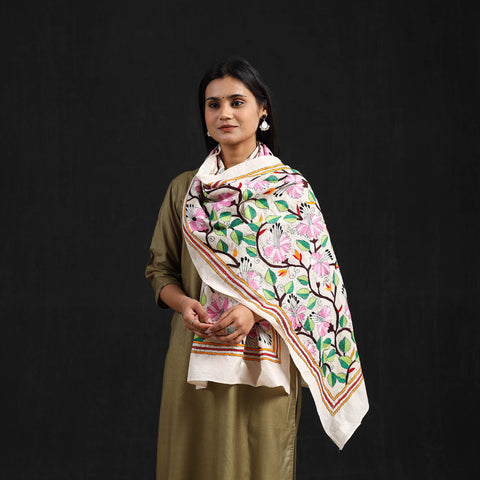 Beige - Handloom Silk Bengal Kantha Work Stole 71