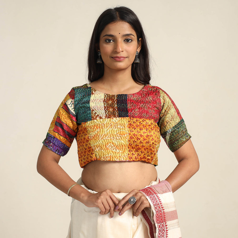 Multicolor - Hand Embroidery Silk Cotton Patchwork Kantha Stitch Blouse 03