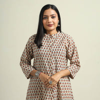 Beige - Cream with Flower - Ajrakh Hand Block Printed Cotton A-Line Kurta