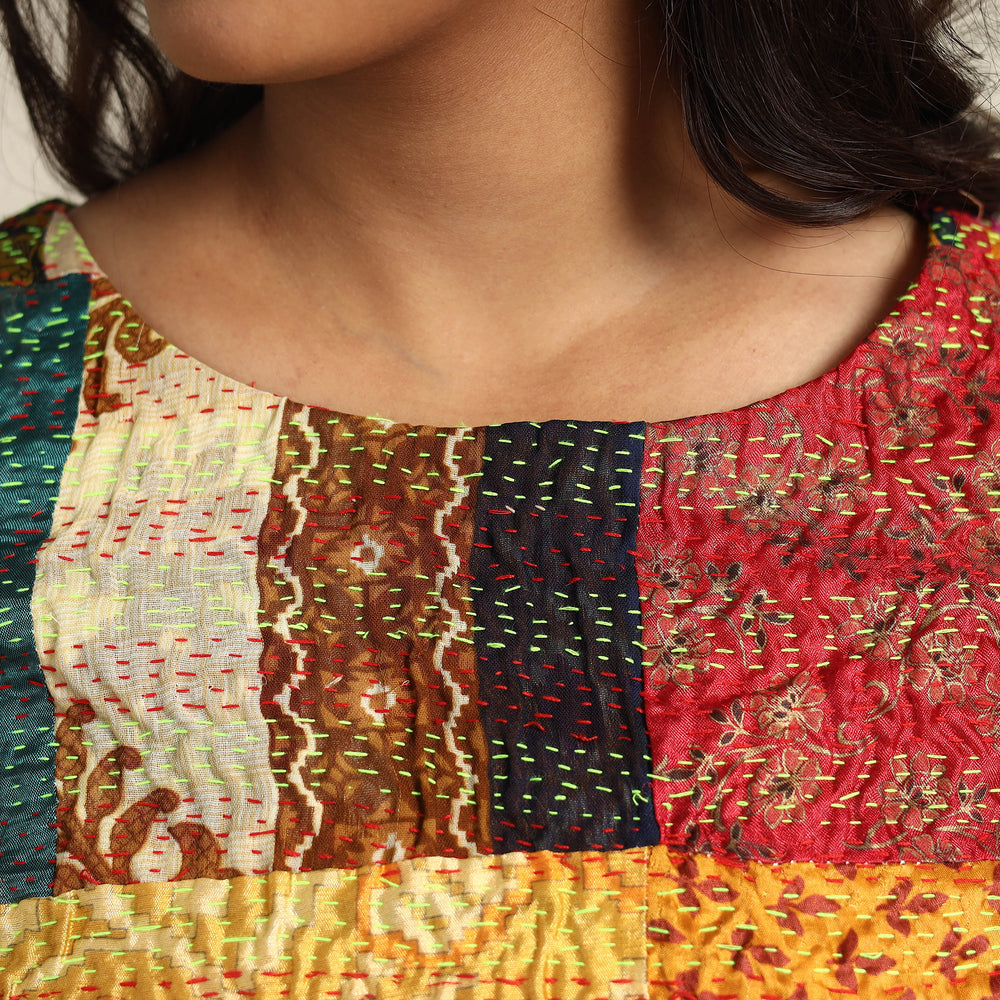 Multicolor - Hand Embroidery Silk Cotton Patchwork Kantha Stitch Blouse 03