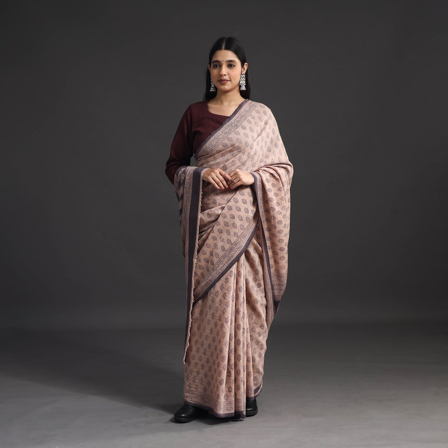 Beige - Handwoven Merino Wool Bagh Block Print Saree 02