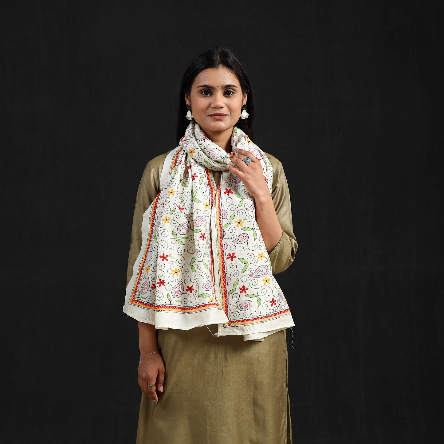 Off White - Handloom Tussar Silk  Bengal Kantha Work Stole 72