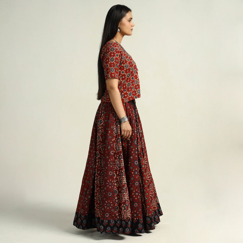 Red - Kutch Block Printed 24 Kali Cotton Long Skirt 20