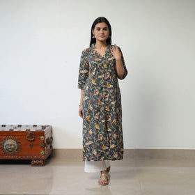Dark Grey Printed Cotton Straight Kalamkari Kurta For Women