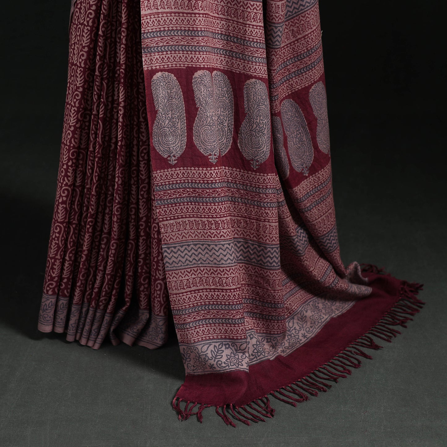 Handwoven Merino Wool Natural Dyed Hand Block Bagh Print Saree 10