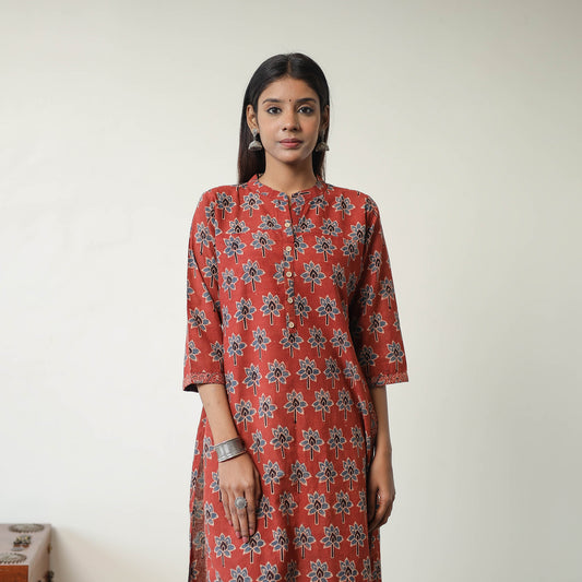 Red - Block Printed Cotton Straight Ajrakh Kurta 02