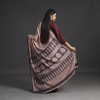 Beige - Handwoven Merino Wool Bagh Block Print Saree 02