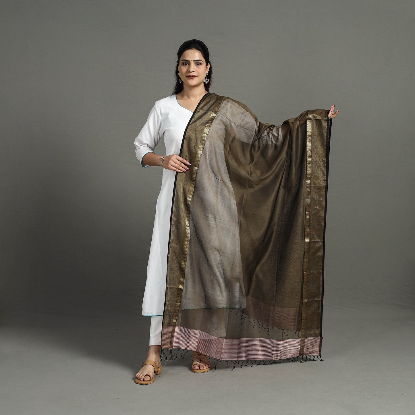 Brown - Handloom Silk Cotton Zari Work Stripe Maheshwari Dupatta 31