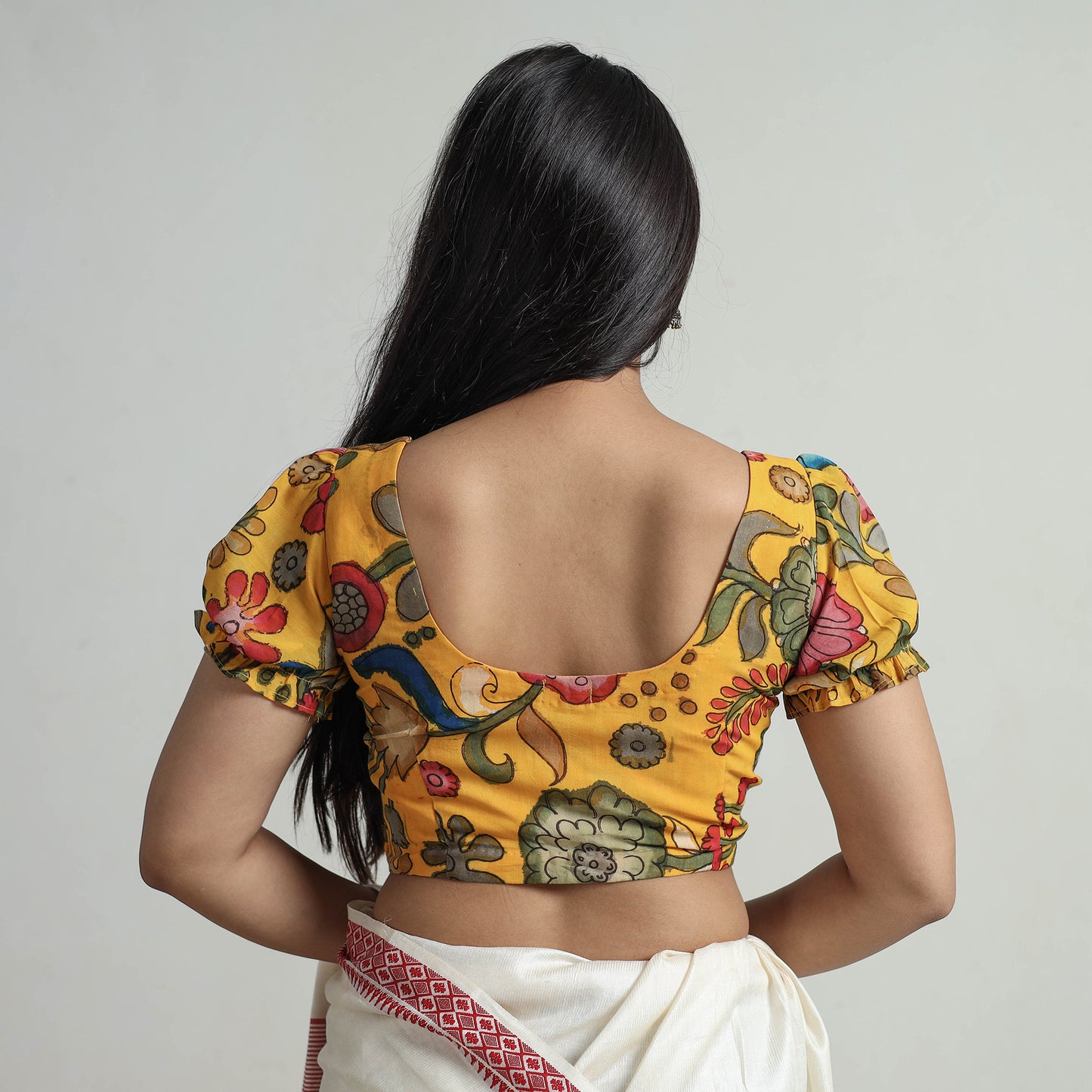 Yellow - Srikalahasti Handpainted Penwork Kalamkari Chanderi Silk Stitched Blouse 15