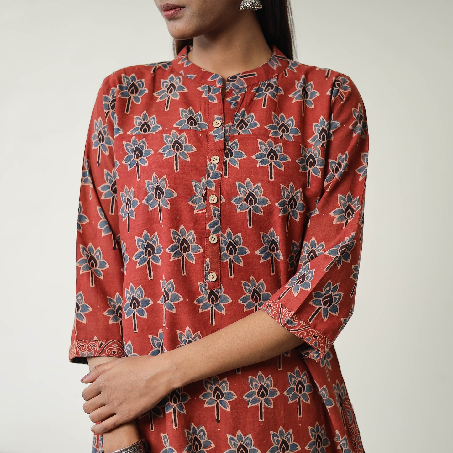 Red - Block Printed Cotton Straight Ajrakh Kurta 02