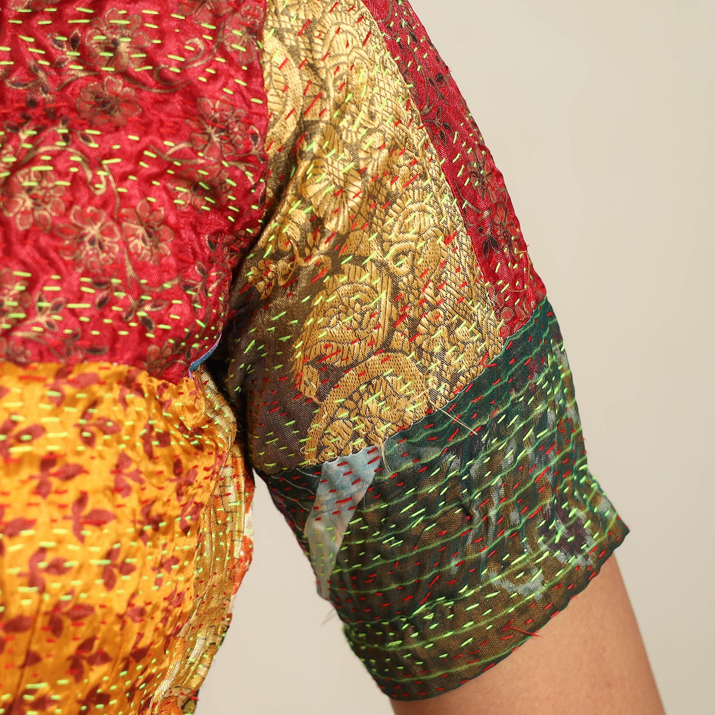 Multicolor - Hand Embroidery Silk Cotton Patchwork Kantha Stitch Blouse 03