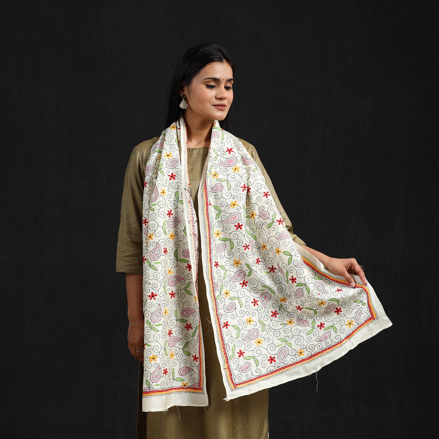 Off White - Handloom Tussar Silk  Bengal Kantha Work Stole 72