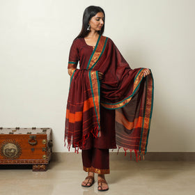  Cotton Maroon Dharwad Kurta Set with Palazzo & Dupatta