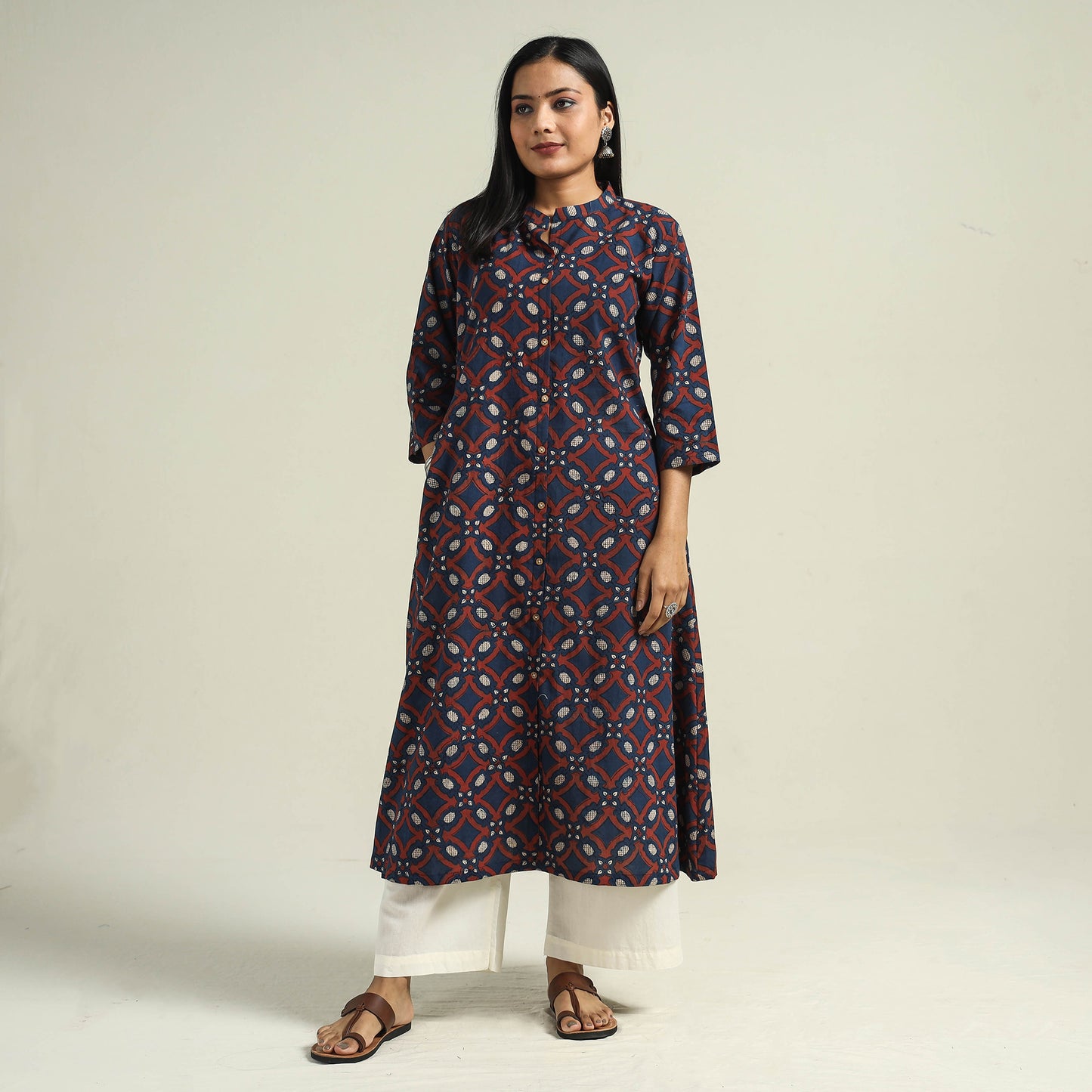 Blue with Geometric - Ajrakh Hand Block Printed Cotton A-Line Kurta