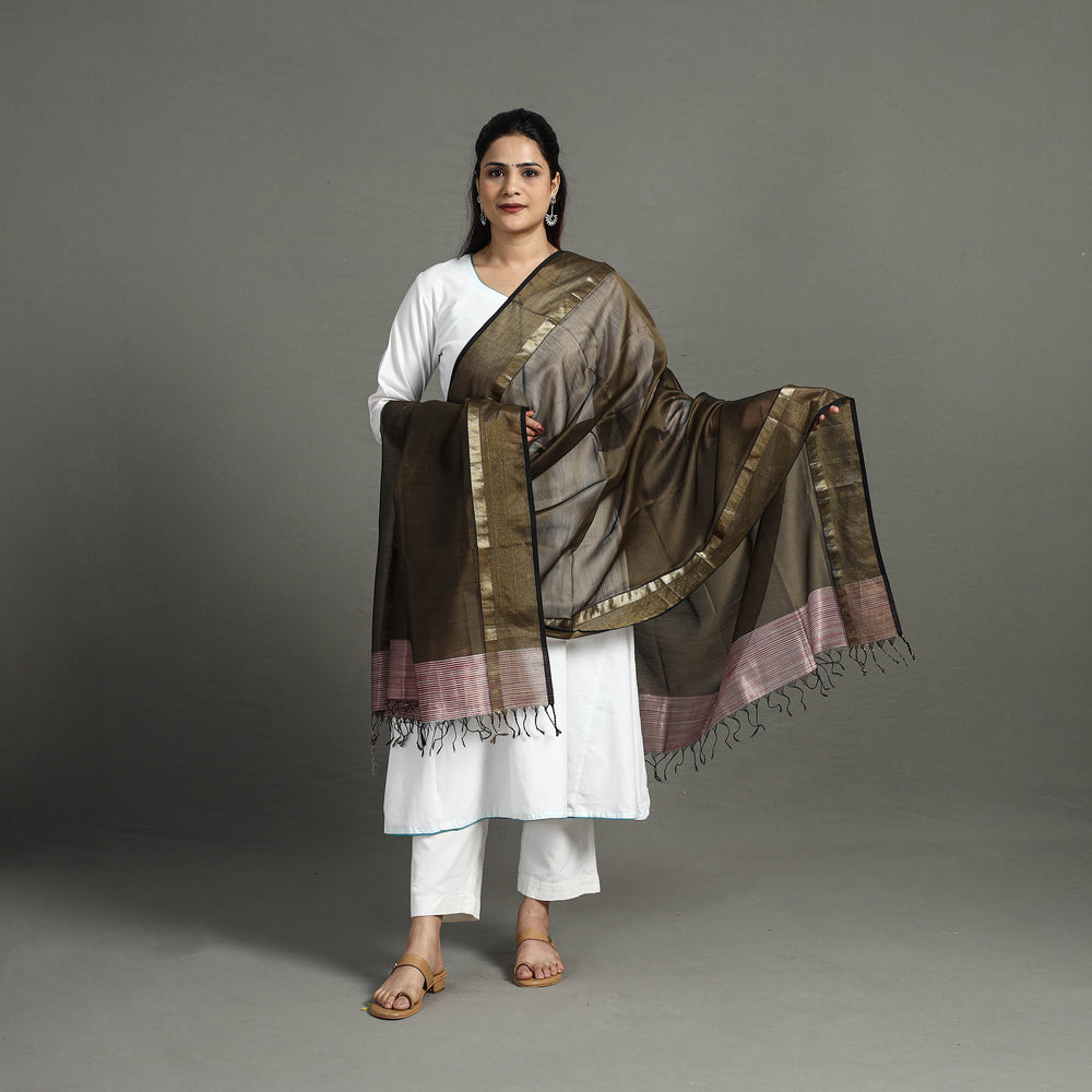 Brown - Handloom Silk Cotton Zari Work Stripe Maheshwari Dupatta 31