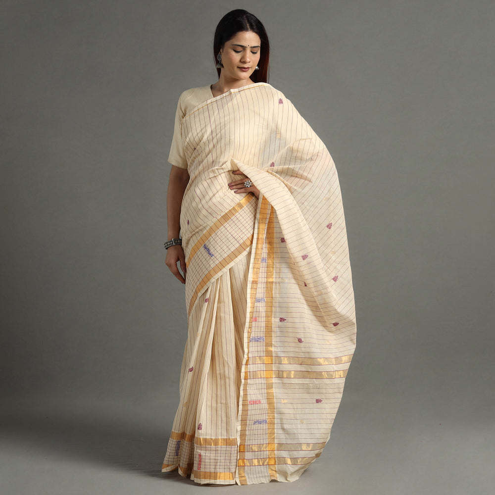 Beige - Traditional Venkatagiri Handloom Cotton Stripe Saree with Thread & Zari Buti 37