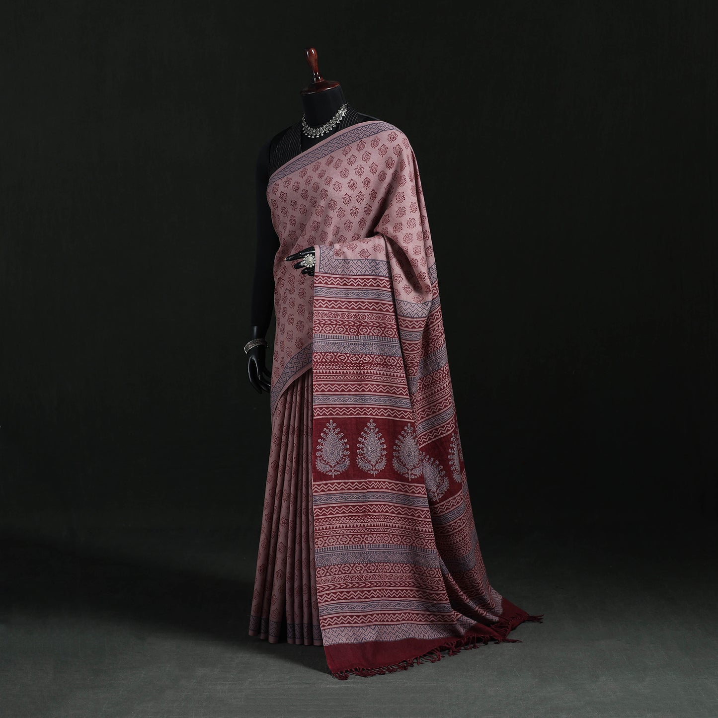 Handwoven Merino Wool Natural Dyed Hand Block Bagh Print Saree 11