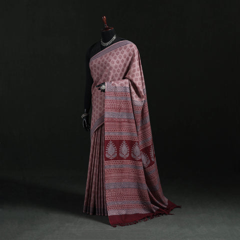 Handwoven Merino Wool Natural Dyed Hand Block Bagh Print Saree 11