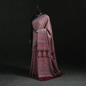 Handwoven Merino Wool Natural Dyed Hand Block Bagh Print Saree 11