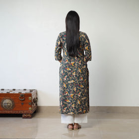 Dark Grey Printed Cotton Straight Kalamkari Kurta For Women