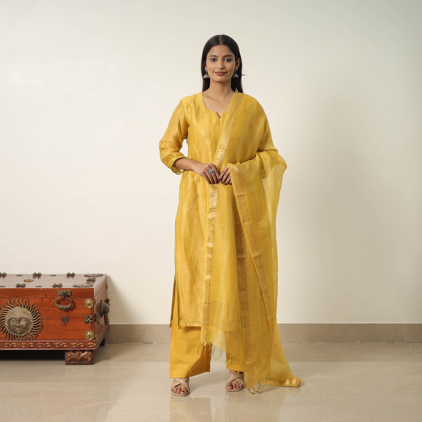 Yellow - Elegant Linen Silk Handloom Plain Kurta Set 02