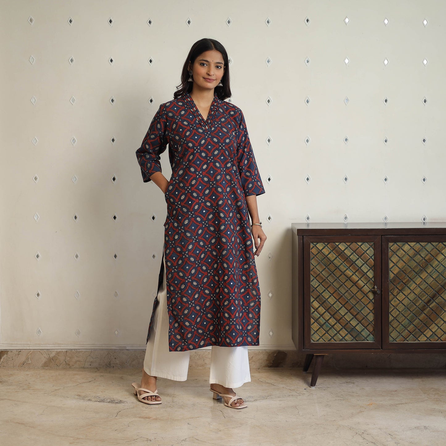 Multicolor - Sequins Work Cotton Straight Ajrakh Print Kurta 08