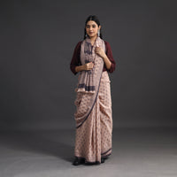 Beige - Handwoven Merino Wool Bagh Block Print Saree 02