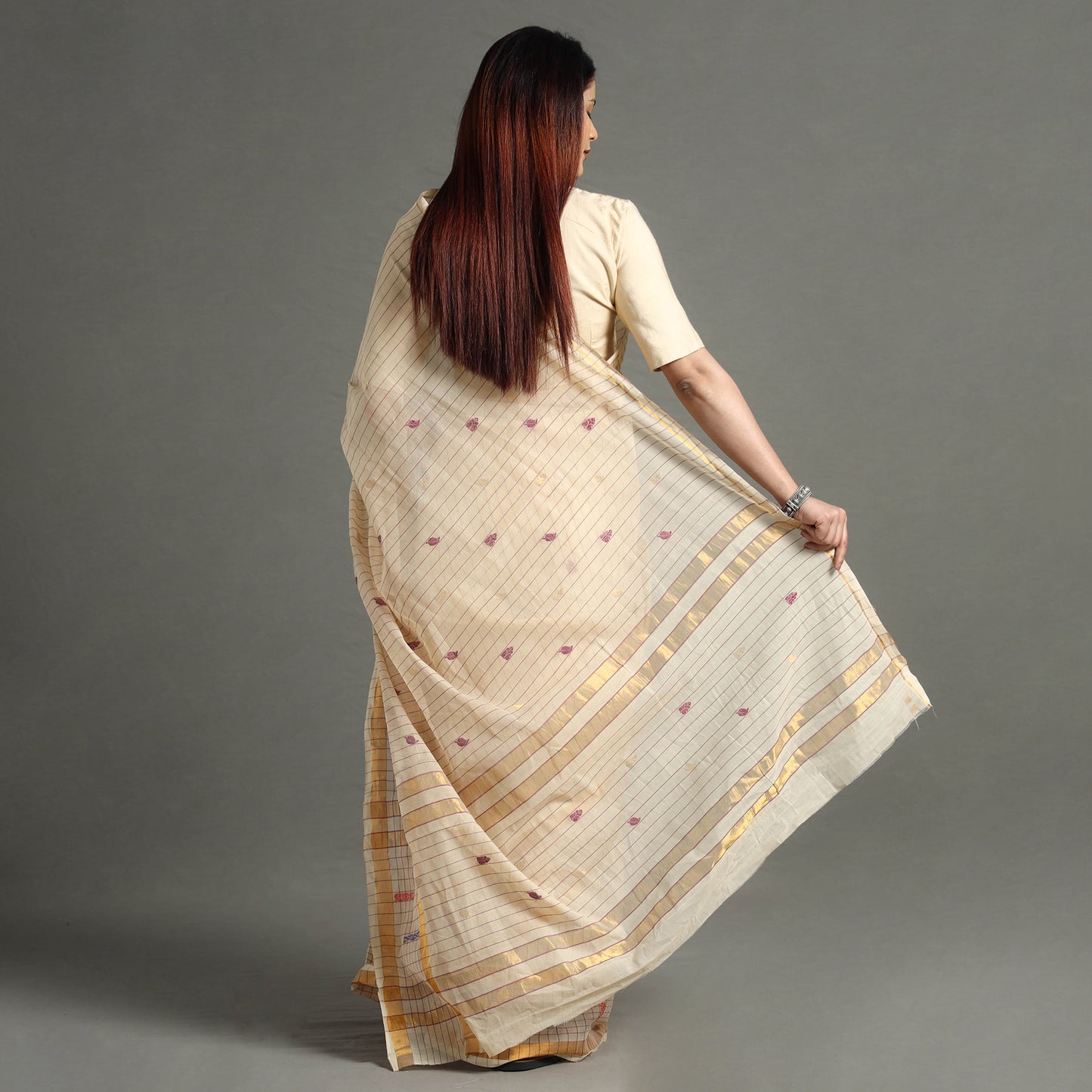 Beige - Traditional Venkatagiri Handloom Cotton Stripe Saree with Thread & Zari Buti 37