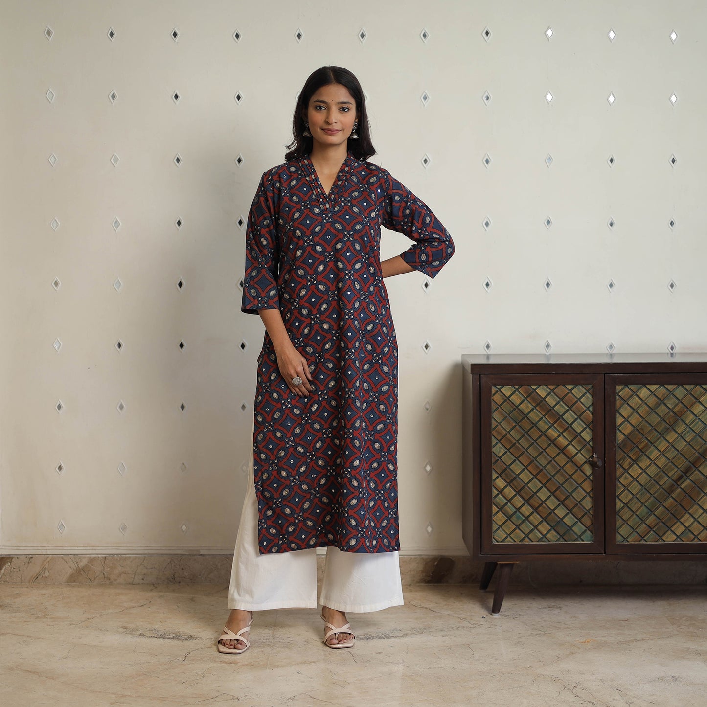 Multicolor - Sequins Work Cotton Straight Ajrakh Print Kurta 08