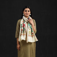 Beige - Handloom Tussar Silk  Bengal Kantha Work Stole 73