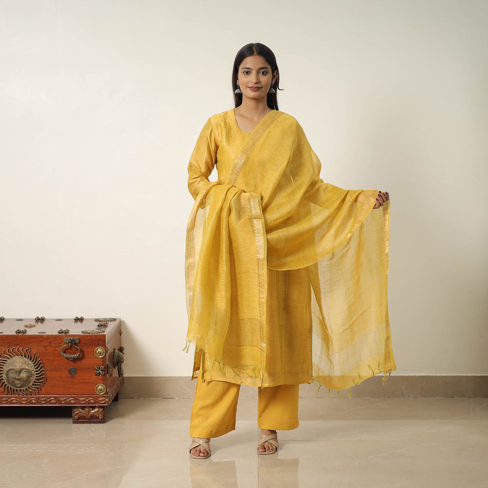 Yellow - Elegant Linen Silk Handloom Plain Kurta Set 02