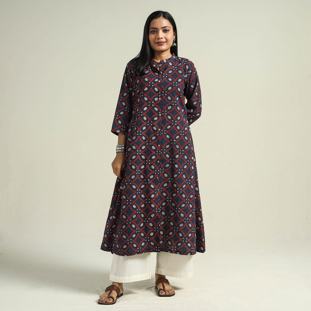 Blue with Geometric - Ajrakh Hand Block Printed Cotton A-Line Kurta