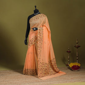 Peach - hand embroidery pure chanderi silk printed kashida