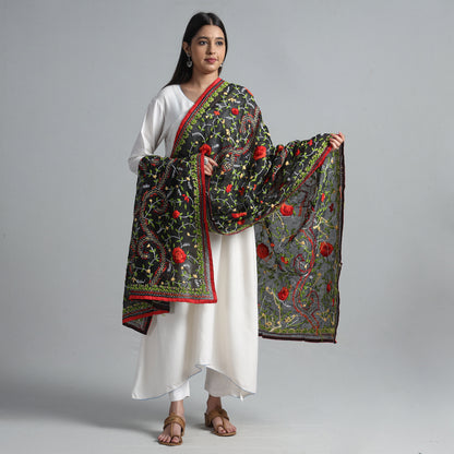 Black - Ranihati Chanderi Silk Chapa Work Phulkari Embroidered Dupatta 52