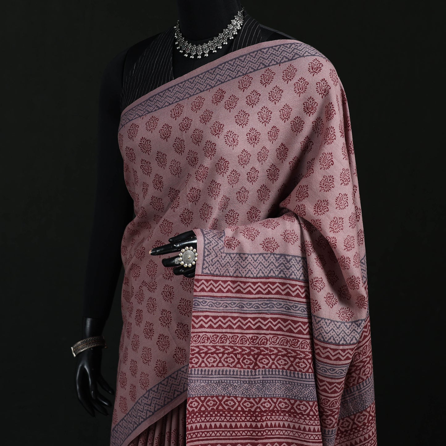 Handwoven Merino Wool Natural Dyed Hand Block Bagh Print Saree 11