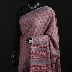 Handwoven Merino Wool Natural Dyed Hand Block Bagh Print Saree 11