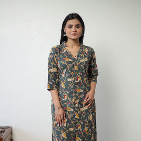 Dark Grey Printed Cotton Straight Kalamkari Kurta For Women