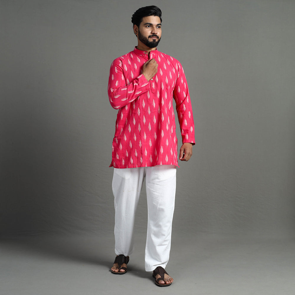 Pink - Pochampally Ikat Weave Cotton Men Short Kurta