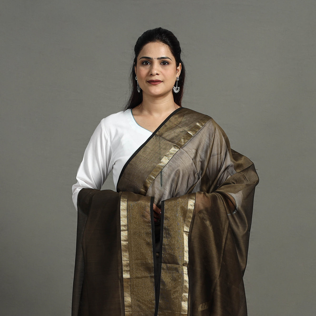 Brown - Handloom Silk Cotton Zari Work Stripe Maheshwari Dupatta 31