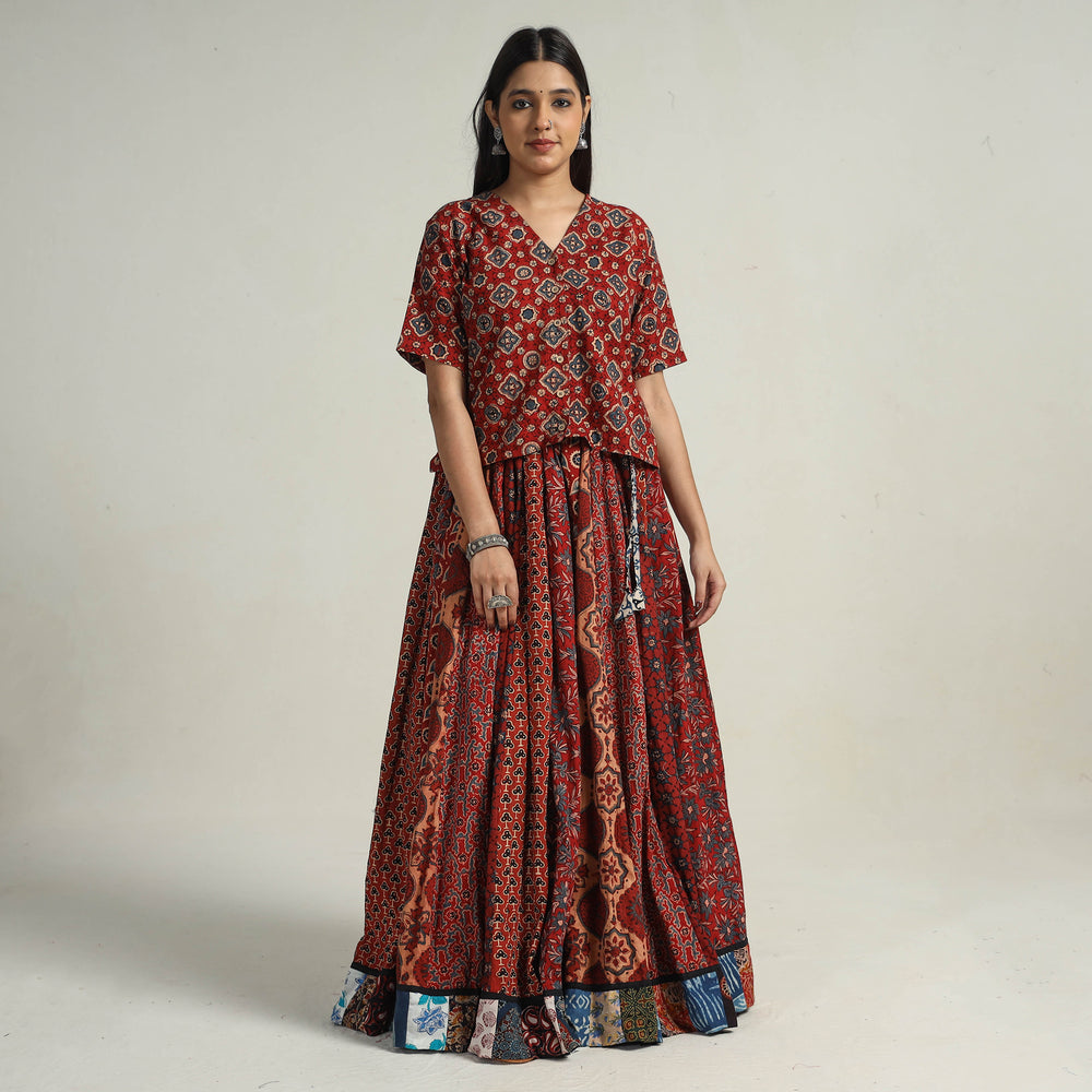 Multicolor - Kutch Block Printed 24 Kali Cotton Long Skirt 34