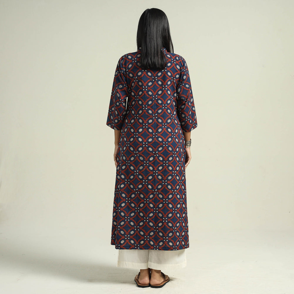 Blue with Geometric - Ajrakh Hand Block Printed Cotton A-Line Kurta