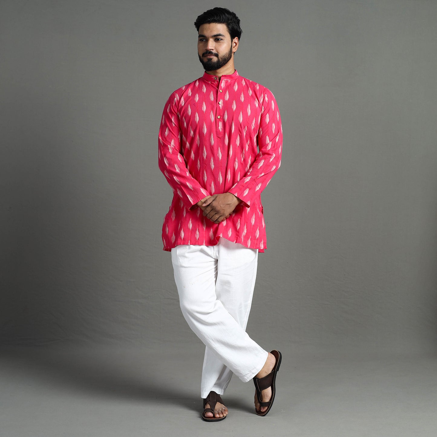 Pink - Pochampally Ikat Weave Cotton Men Short Kurta