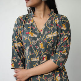 Dark Grey Printed Cotton Straight Kalamkari Kurta For Women