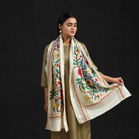 Beige - Handloom Tussar Silk  Bengal Kantha Work Stole 73